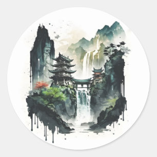 Sticker Rond Paysage antique de l'encre chinoise avec cascade