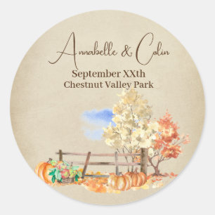 Sticker Rond Paysage automnal rustique Arbres et citrouilles Pa