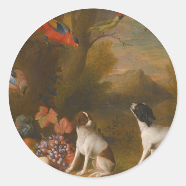 Sticker Rond Paysage avec oiseaux exotiques et deux chiens (Devant)