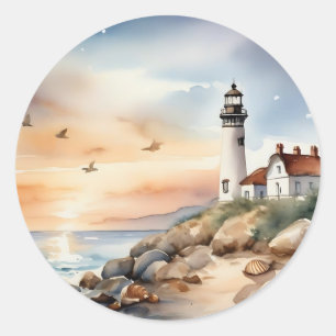 Sticker Rond Paysage côtier paisible Phare d'aquarelle