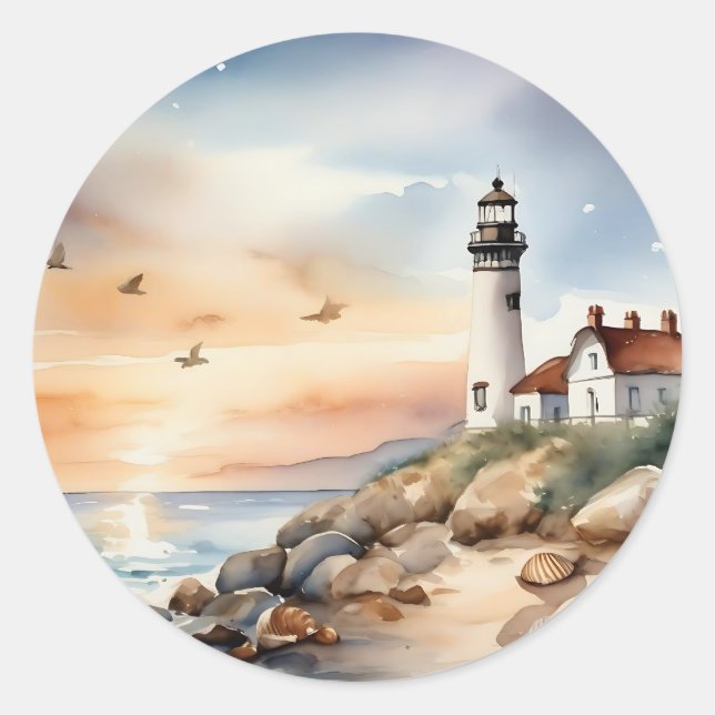 Sticker Rond Paysage côtier paisible Phare d'aquarelle (Devant)