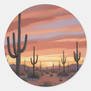 Sticker Rond Paysage de coucher de soleil désert avec cactus sa