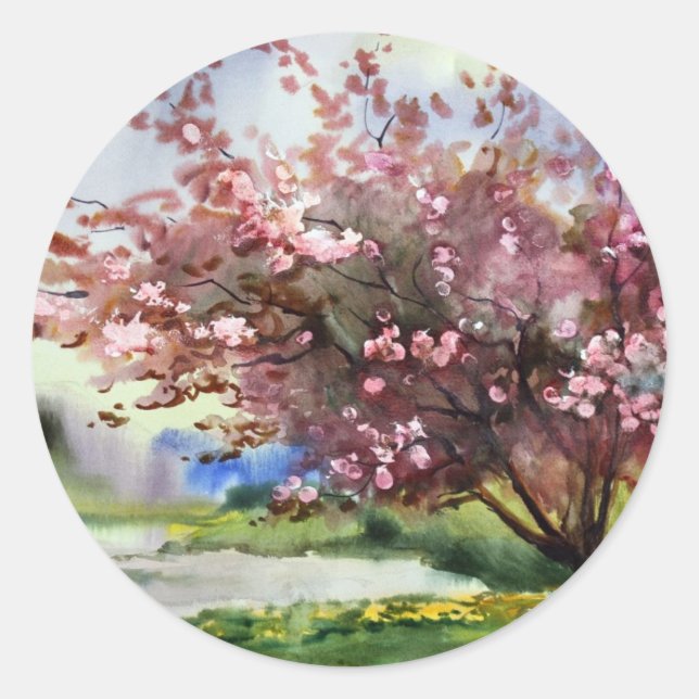 Sticker Rond Paysage de peinture aquarelle (Devant)