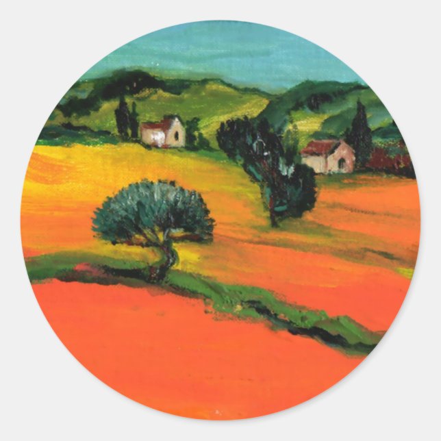 Sticker Rond paysage de Toscane avec tournesols (Devant)