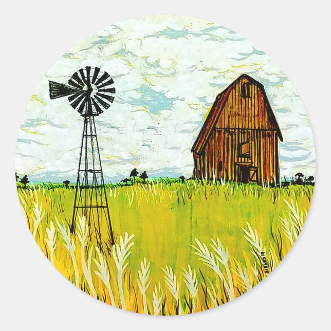 Sticker Rond Paysage d'été de ferme rustique (Devant)