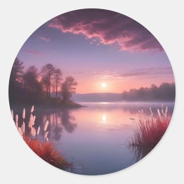 Sticker Rond Paysage du lac Purple au coucher du soleil Trois (Devant)