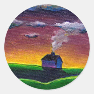 Sticker Rond Paysage du matin nouvel an art original coloré