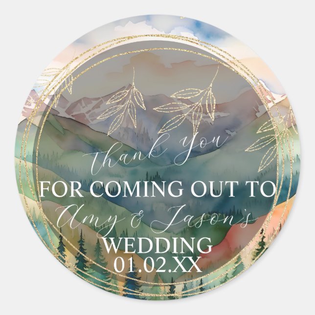 Sticker Rond Paysage en Aquarelle Montagne Destination Mariage (Devant)