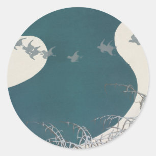 Sticker Rond paysage fluvial japonais oiseaux vintages traditio