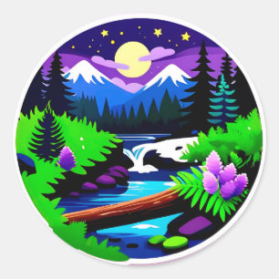 Sticker Rond Paysage forestier coloré avec ruisseau éclairé par