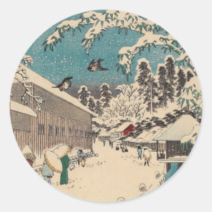 Sticker Rond Paysage hivernal d'Hiroshige japon ukiyo-e antique