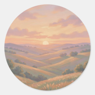 Sticker Rond Paysage Pastel de Collines Ondulantes au Coucher d