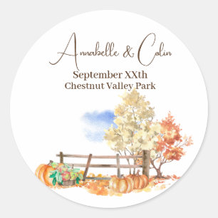 Sticker Rond Paysage rustique d'automne Arbres et Citrouilles