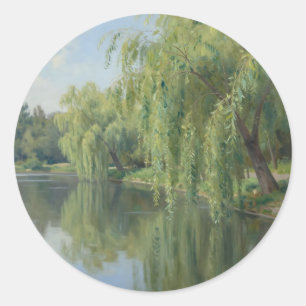 Sticker Rond Paysage serein d'étang au saule pleureur