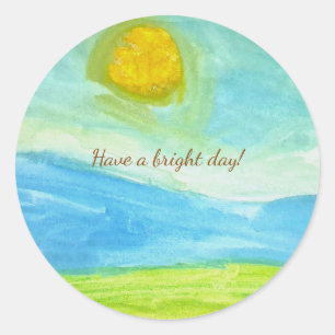 Sticker Rond Paysage Solaire Art Naïf Fantaisiste
