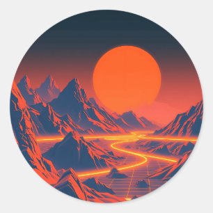 Sticker Rond Paysage Synthwave avec Montagnes Neon