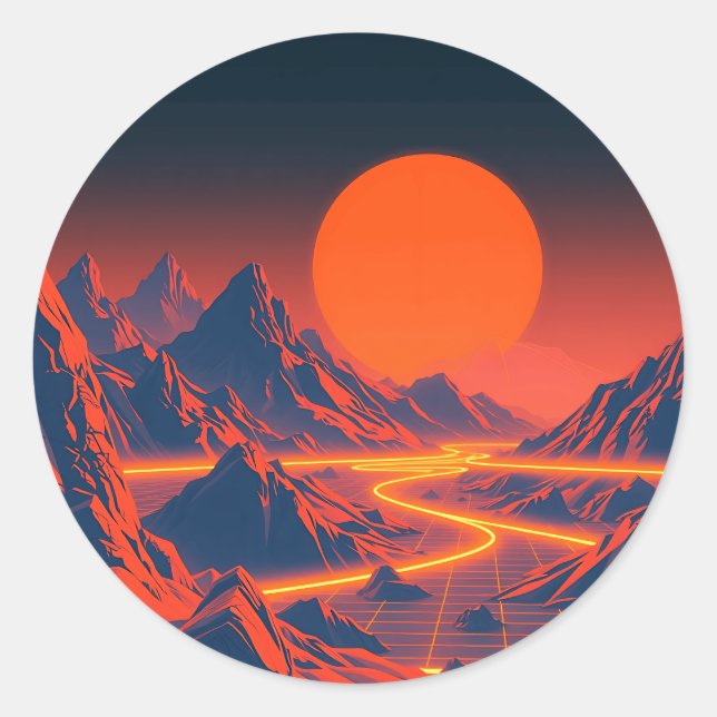 Sticker Rond Paysage Synthwave avec Montagnes Neon (Devant)