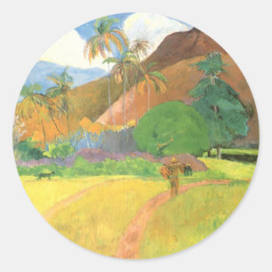 Sticker Rond Paysage tahitien, Montagnes Tahiti, Paul Gauguin