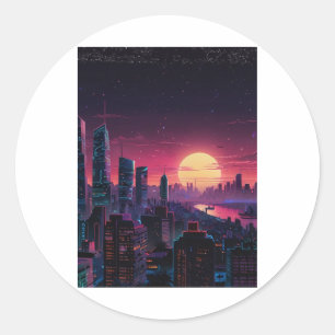 Sticker Rond Paysage urbain Cyberpunk Vaporwave – Art de la lig