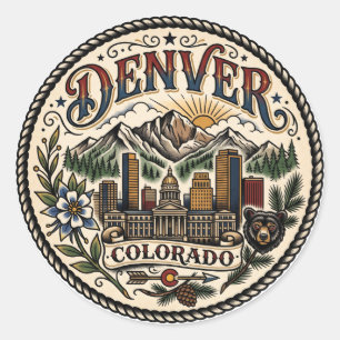Sticker Rond Paysage urbain de Denver Colorado États-Unis