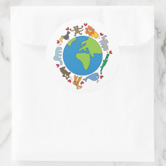 Sticker Rond Peace And Love Cute Cartoon Animaux du monde