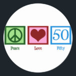 Sticker Rond Peace Love 50th Birthday Cute Party<br><div class="desc">Un joli cadeau du cinquantième anniversaire.</div>