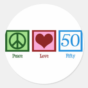 Sticker Rond Peace Love 50th Birthday Cute Party