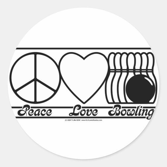 Sticker Rond Peace Love and Bowling (Devant)