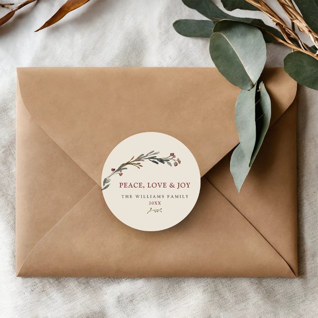 Sticker Rond Peace Love and Joy Red Berries Green (Créateur téléchargé)