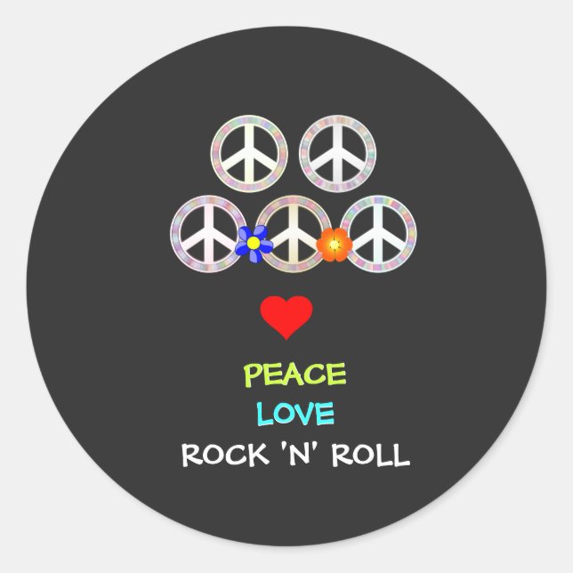 Sticker Rond Peace, Love and Rock 'n' Roll (Devant)