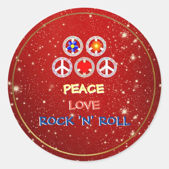 Sticker Rond Peace, Love and Rock 'n' Roll (Devant)