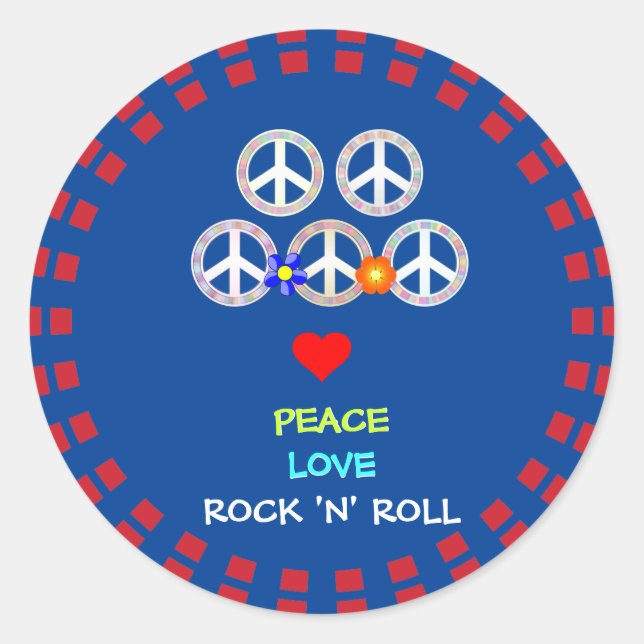 Sticker Rond Peace, Love and Rock 'n' Roll (Devant)