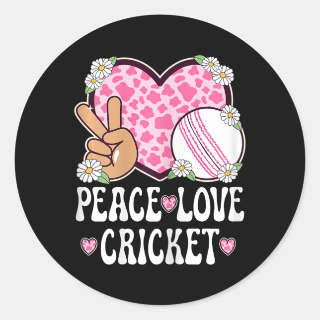 Sticker Rond Peace Love Cricket Lover Cow Print Women Girls Cut (Devant)