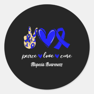 Sticker Rond Peace Love Cure Alopecia Blue Ribbon Sensibilisati