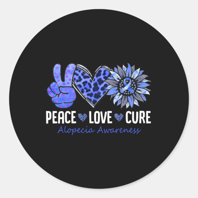 Sticker Rond Peace Love Cure Alopecia Sensibilisation Bleu Tour (Devant)