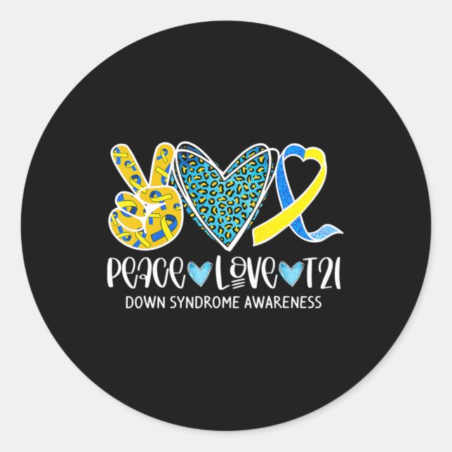 Sticker Rond Peace Love Cure Bleu & Jaune Ribbon Down Syndrome (Devant)