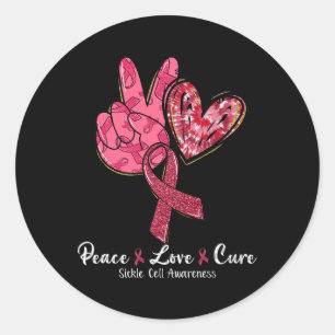 Sticker Rond Peace Love Cure Burgundy Ribbon Sickle Cell Award