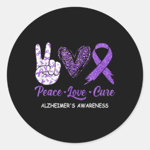 Sticker Rond Peace Love Cure Purple Ribbon Heimerheimer maladie