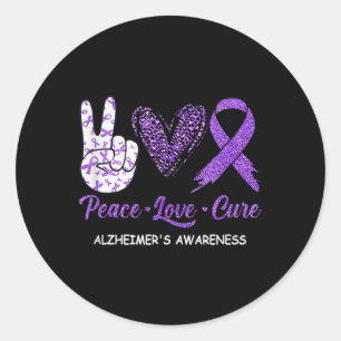 Sticker Rond Peace Love Cure Purple Ruban Maladie d'Alzheimer A