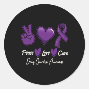 Sticker Rond Peace Love Cure Purple Toxicomanie Surdose Sensibi