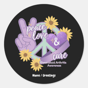 Sticker Rond Peace Love Cure Rhumatoïde Arthritis Awareness