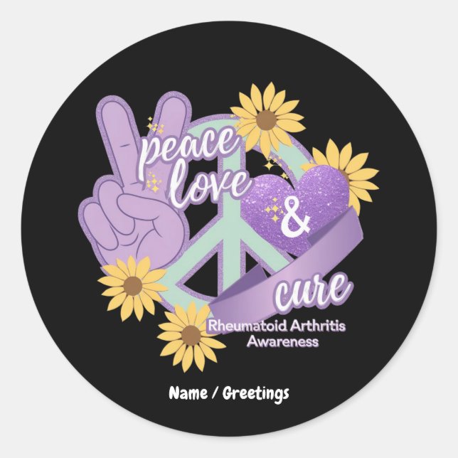 Sticker Rond Peace Love Cure Rhumatoïde Arthritis Awareness (Devant)
