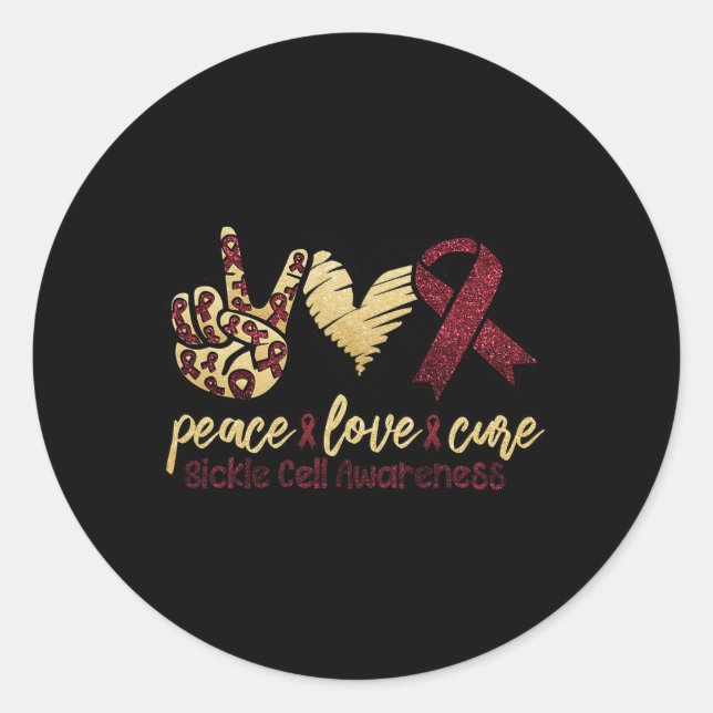 Sticker Rond Peace Love Cure Sickle Cell Awareness Burgundy Rib (Devant)