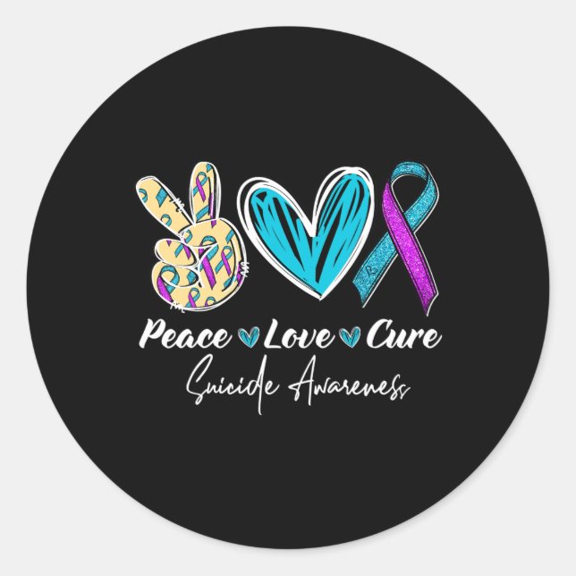 Sticker Rond Peace Love Cure Suicide Prévention Coeur (Devant)
