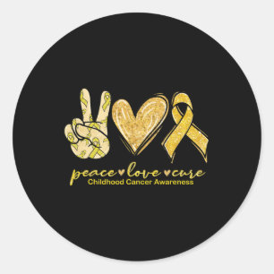 Sticker Rond Peace Love Cure Yellow Ribbon Cancer de l'enfance 