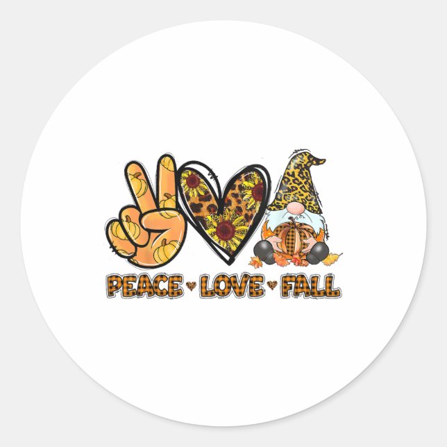 Sticker Rond Peace Love Fall Fun Gnome Autumn Lover Citrouilles (Devant)