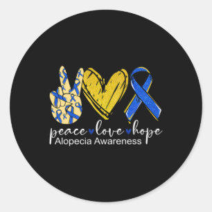Sticker Rond Peace Love Hope Alopecia Awareness Bleu Ruban