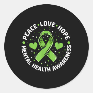 Sticker Rond Peace Love Hope Mental Health Awareness Green Ribb