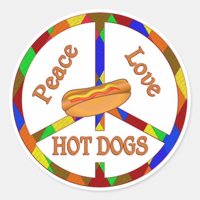 Sticker Rond Peace Love Hot Dogs (Devant)