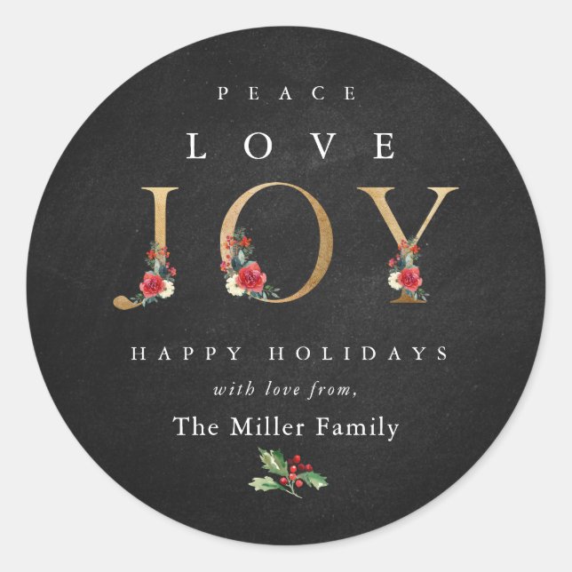 Sticker Rond Peace Love Joy Festive Winter Floral Berries (Devant)